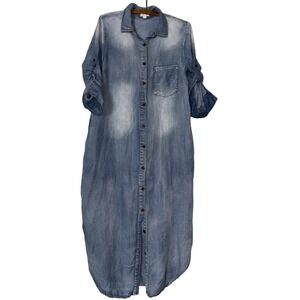 GeeGee Womens M Lyocell Denim Shirt Dress Roll Tab Sleeve Midi Pocket Cottage